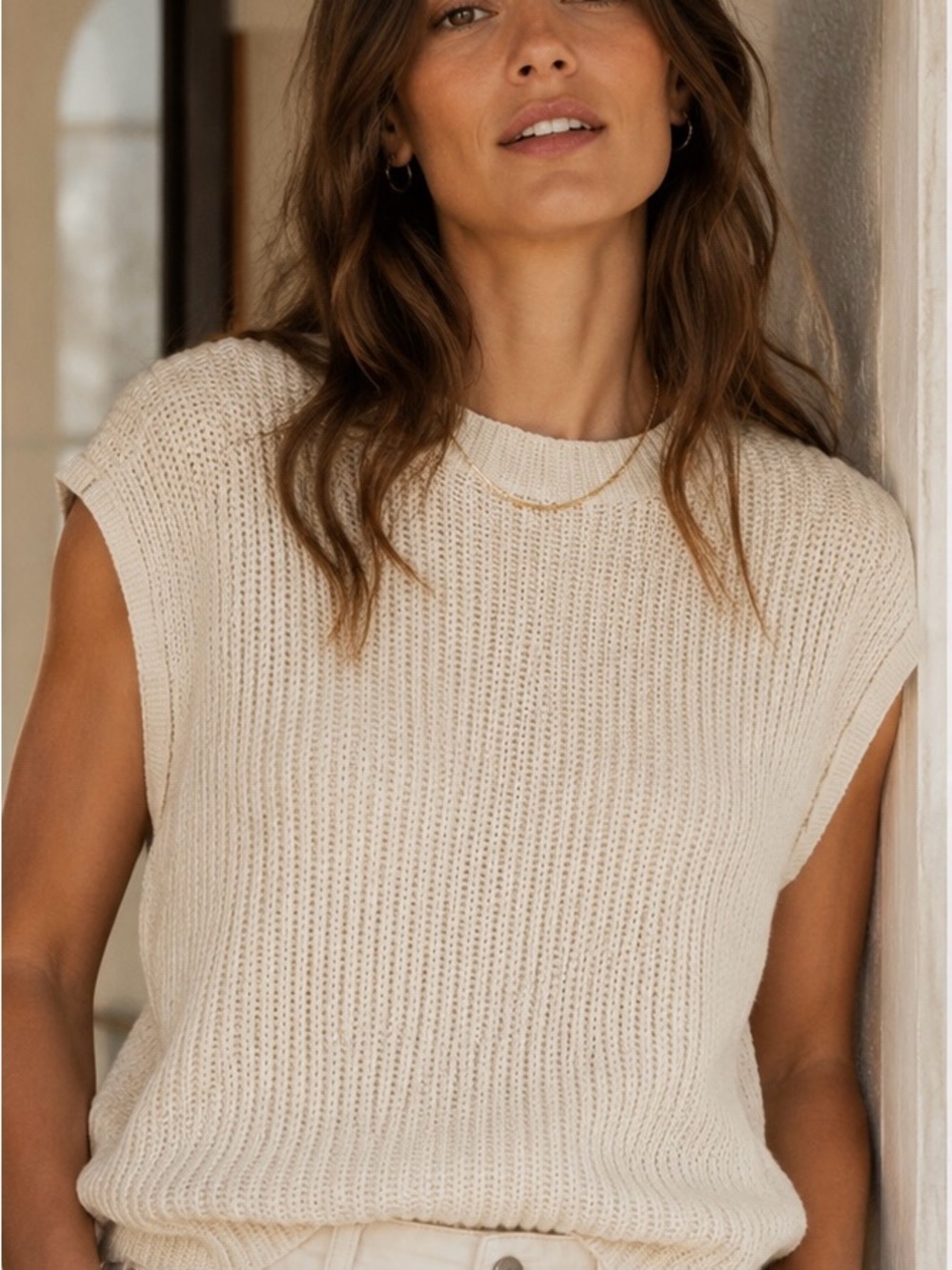 Anthropologie Self Contrast Sleeveless Oatmeal Cream Knit Sweater NWT Medium